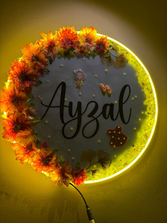 Custom LED Name Resin Wall Art with Flowers